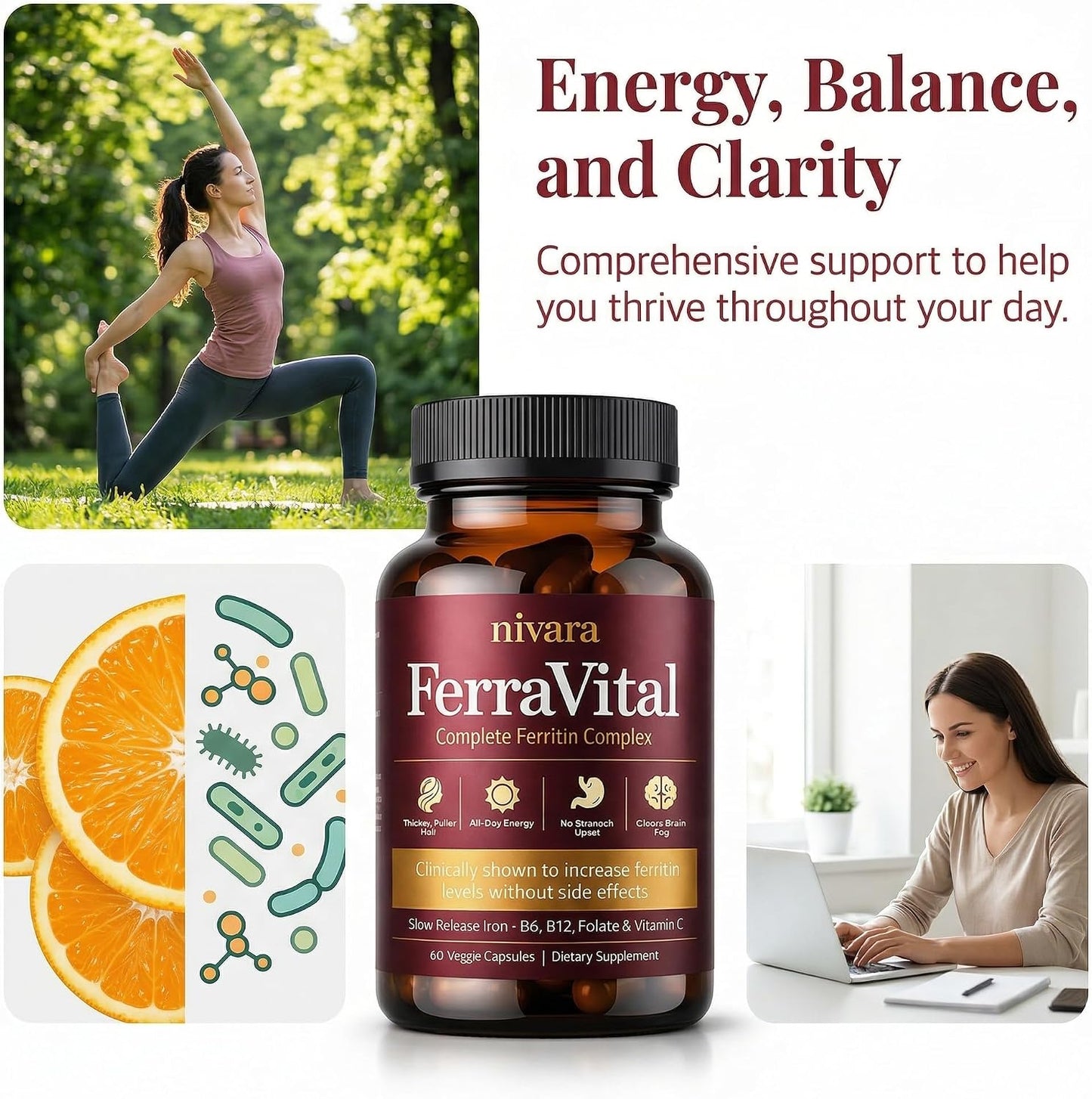 NIVARA FerraVital Ferritin Support for Women - Iron Supplement with Ferrous Glycinate, Vitamin C, B12, B6, Folate & Zinc, Supports Healthy Iron Levels & Daily Energy - 60 Capsules (1)