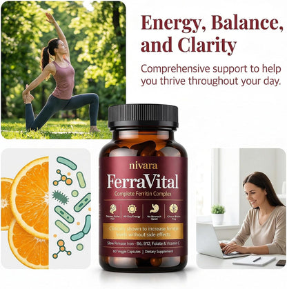 NIVARA FerraVital Ferritin Support for Women - Iron Supplement with Ferrous Glycinate, Vitamin C, B12, B6, Folate & Zinc, Supports Healthy Iron Levels & Daily Energy - 60 Capsules (1)