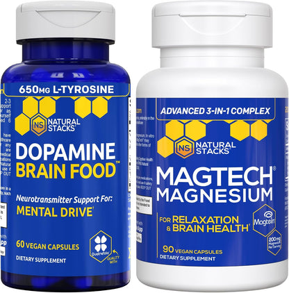 NATURAL STACKS Dopamine Brain Food + Magtech Magnesium Bundle - Chelated Magnesium Complex - Supports Brain Health & Mental Drive* - 150 Total Capsules