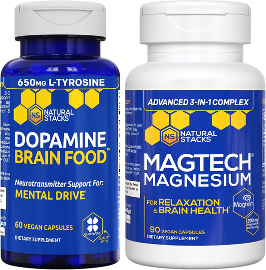 NATURAL STACKS Dopamine Brain Food + Magtech Magnesium Bundle - Chelated Magnesium Complex - Supports Brain Health & Mental Drive* - 150 Total Capsules