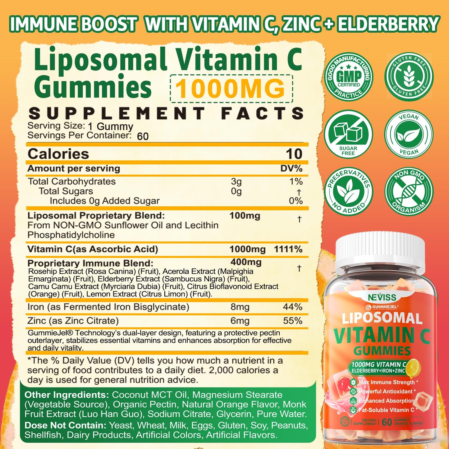 Liposomal Vitamin C 1000mg Gummies for Adults - Vitamin C Chewable with Elderberry, Zinc & 8mg Iron, Sugar Free Vit C Supplements, Daily Immune Support Gummies for Energy, Collagen Booster 60 Counts