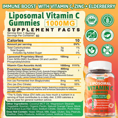 Liposomal Vitamin C 1000mg Gummies for Adults - Vitamin C Chewable with Elderberry, Zinc & 8mg Iron, Sugar Free Vit C Supplements, Daily Immune Support Gummies for Energy, Collagen Booster 60 Counts