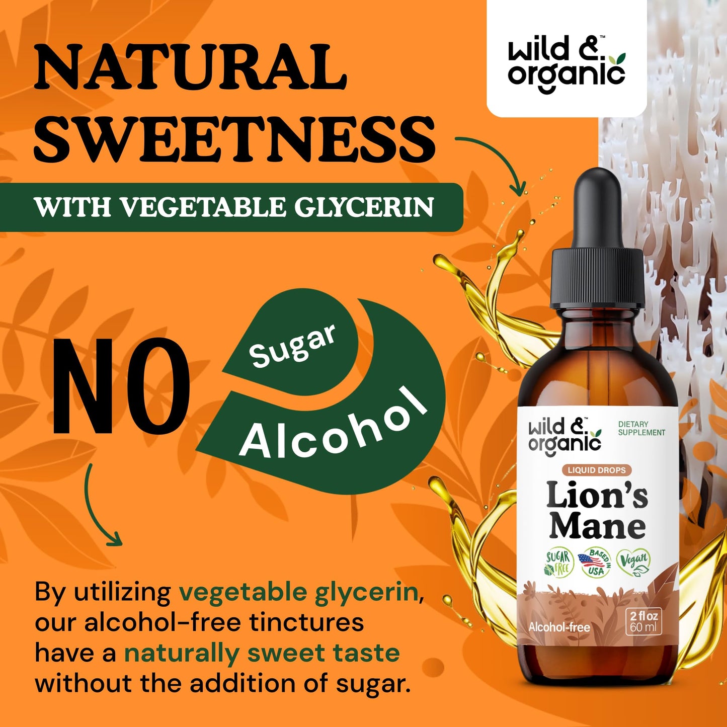 Wild & Organic Lions Mane Liquid Drops - Brain & Focus Support - Lion's Mane Mushroom Supplement - Hericium Erinaceus Mushroom Drops - Mix with Powder - Sugar & Alcohol-Free Extract Tincture - 4 oz