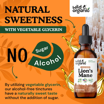 Wild & Organic Lions Mane Liquid Drops - Brain & Focus Support - Lion's Mane Mushroom Supplement - Hericium Erinaceus Mushroom Drops - Mix with Powder - Sugar & Alcohol-Free Extract Tincture - 4 oz