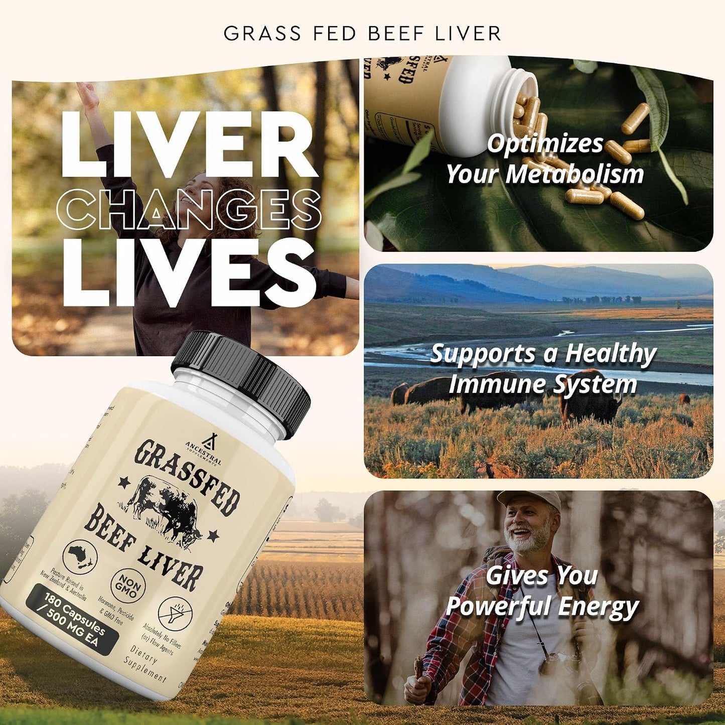 Ancestral Supplements Grass Fed Beef Liver Capsules, 180 Ct (3-Pack) | This freeze-dried beef liver supplement supports energy production, cleansing, digestion and immunity.