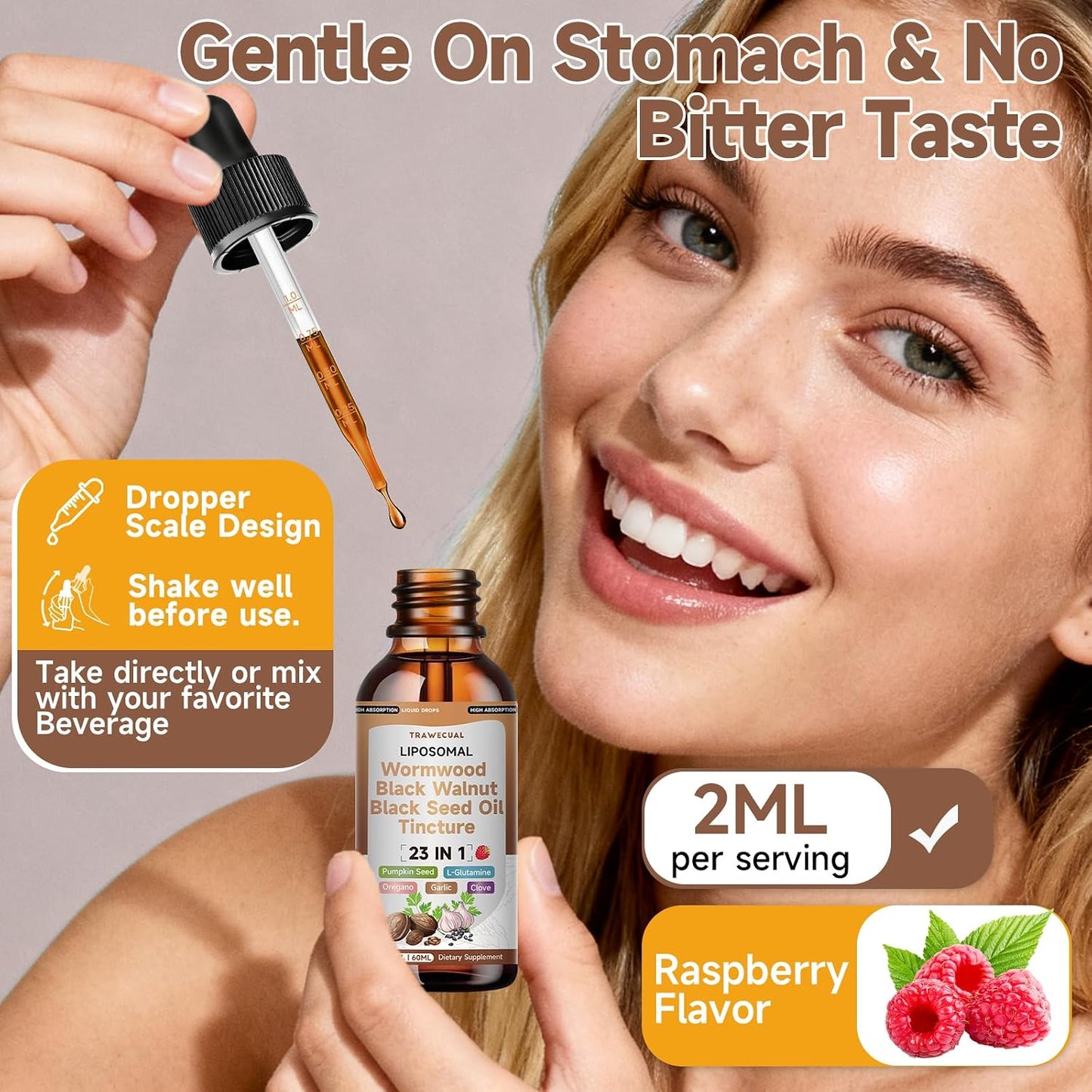 Wormwood Black Walnut Clove Cleanse Drops with Black Seed Oil, Pumpkin Seed, Oregano, Soursop, Neem, Berberine, Garlic, Rapid Gut Detox, Digestive & Gut Barrier Health, 23-in-1 with Liposomal, 2FL