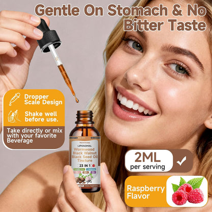 Wormwood Black Walnut Clove Cleanse Drops with Black Seed Oil, Pumpkin Seed, Oregano, Soursop, Neem, Berberine, Garlic, Rapid Gut Detox, Digestive & Gut Barrier Health, 23-in-1 with Liposomal, 2FL