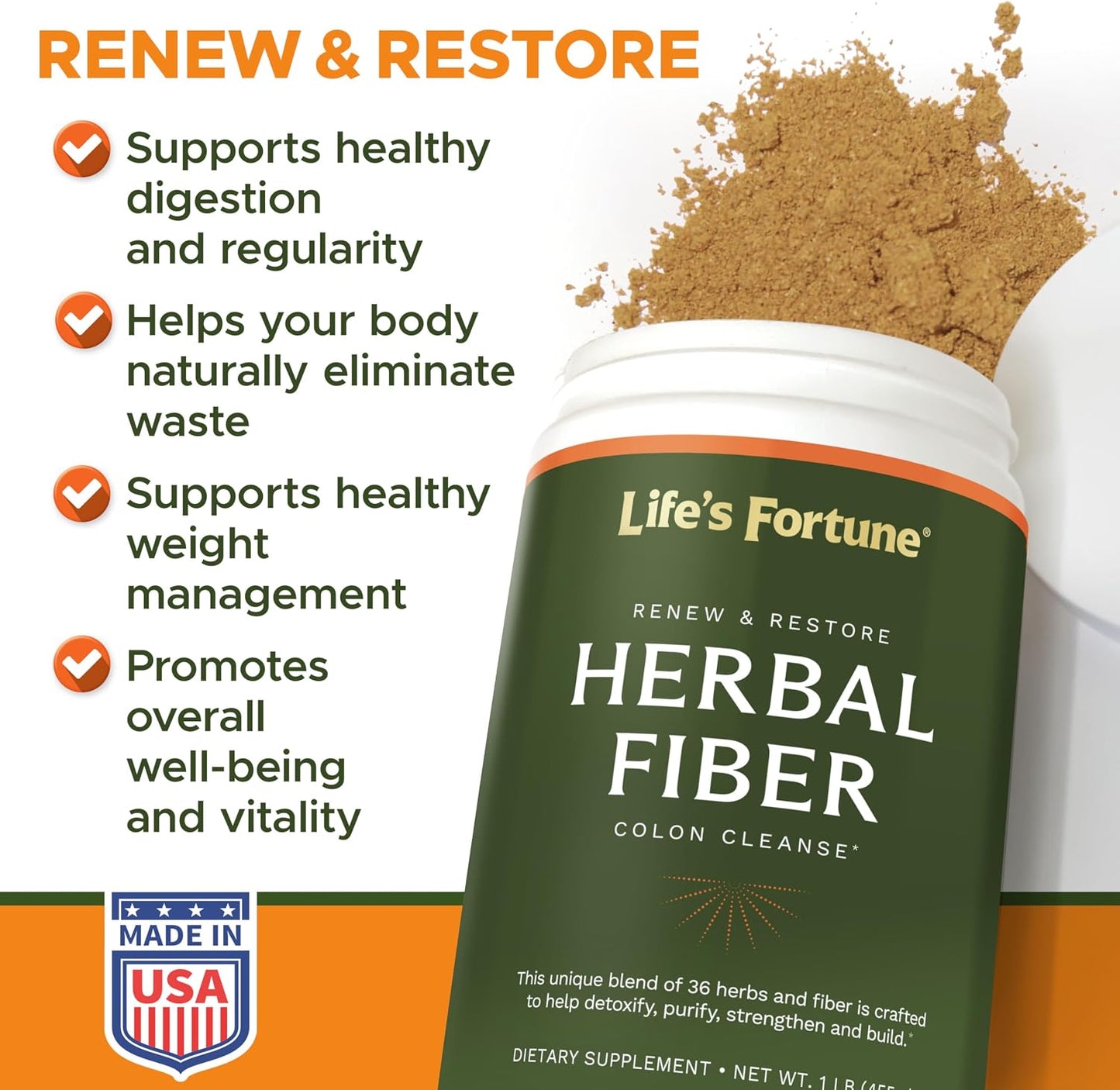 Life’s Fortune Herbal Fiber Colon Cleanse Powder – Natural Digestive Detox & Gut Cleanse, 36 Herb Blend with Apple Fiber and Psyllium Husk for Digestive Health & Regularity, 1 lb