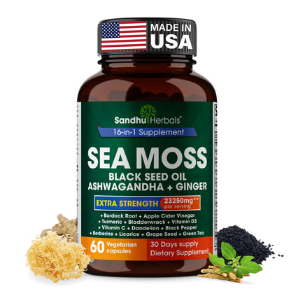 Sandhu Herbals Sea Moss 8000mg Black Seed Oil 5000mg Ashwagandha 2000mg Ginger 