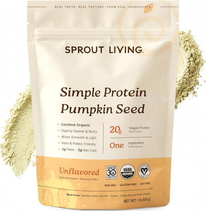 Sprout Living Organic Pumpkin Seed Protein Powder, Unflavored, 20 Grams of Plant Based Protein Powder Without Artificial Sweeteners, Non Dairy, Non-GMO, Vegan, Gluten Free (1 Pound, 14 Servings)