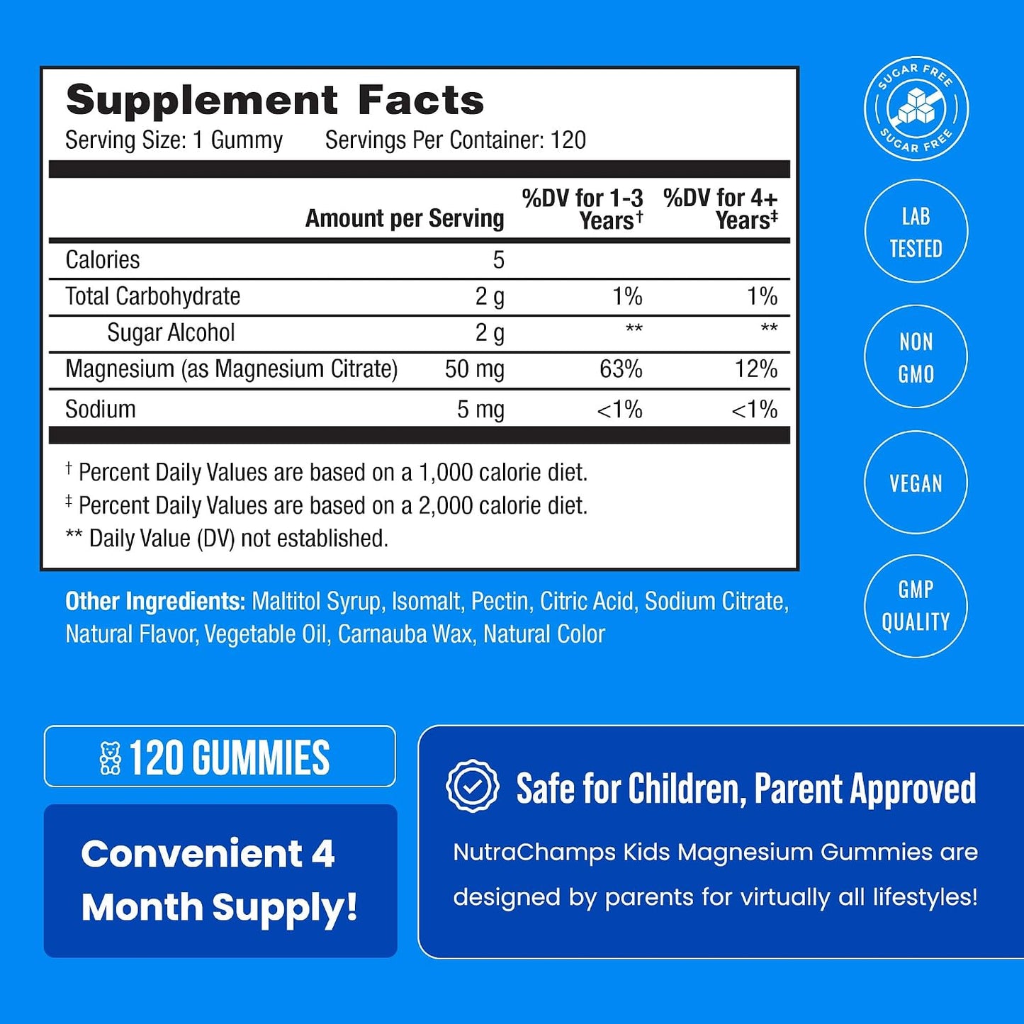 NutraChamps 120 Kids Magnesium Gummies - Sugar Free Calm Magnesium Gummies for Kids - 4 Month Supply - Supports Bone Health, Sleep