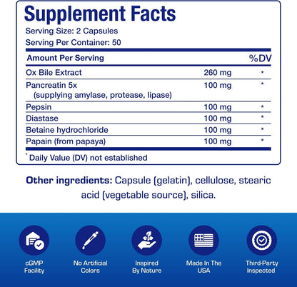 Multi Digestive Enzymes with Ox Bile Supplement - Clinical Strength Digestion Supplement with Pancreatin Pancreatic Enzymes for Protein Carb & Fat Digestive Support & Reduced Stomach Discomfort