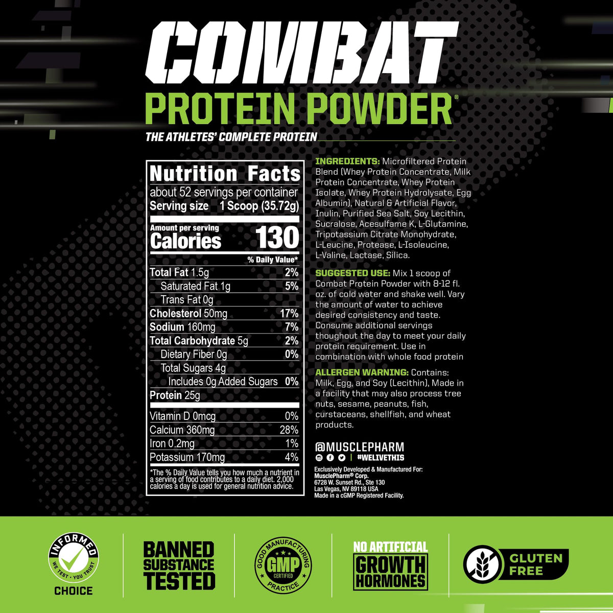 MusclePharm Combat Protein Powder, Banana Cream - 4 lb - Gluten Free - 52 Servings