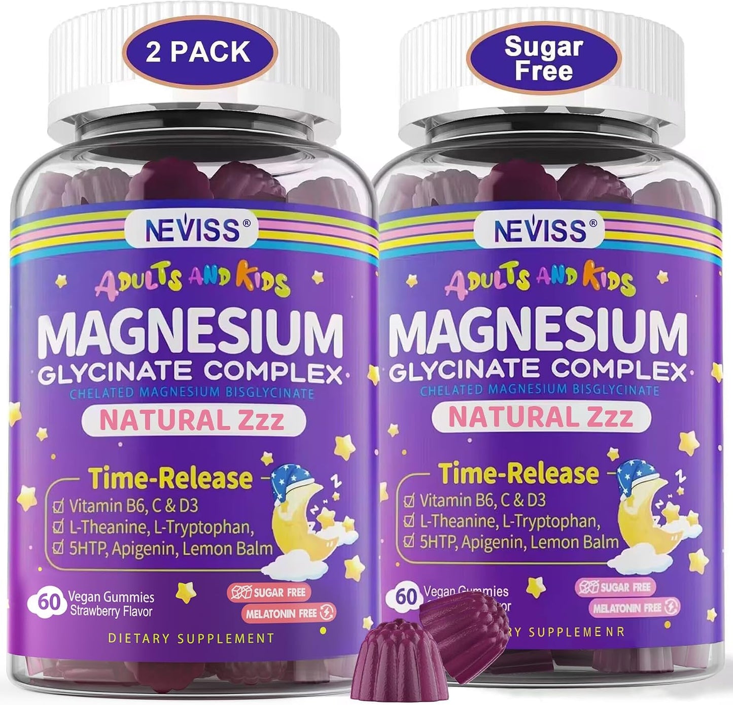 Magnesium Glycinate Gummies for Adults & Kids 4+, Sugar Free Magnesium Bisglycinate Supplement 400/200mg with B6D3, L-Theanine for Sleep & Relaxation, Brain, Muscle, Melatonin Free Gummies,2Pack