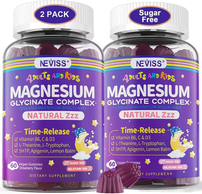 Magnesium Glycinate Gummies for Adults & Kids 4+, Sugar Free Magnesium Bisglycinate Supplement 400/200mg with B6D3, L-Theanine for Sleep & Relaxation, Brain, Muscle, Melatonin Free Gummies,2Pack