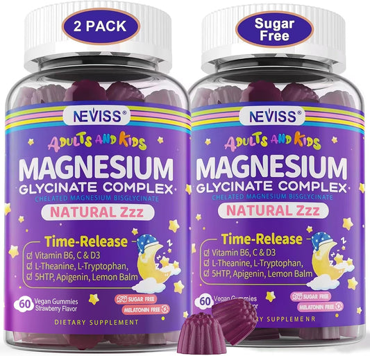 Magnesium Glycinate Gummies for Adults & Kids 4+, Sugar Free Magnesium Bisglycinate Supplement 400/200mg with B6D3, L-Theanine for Sleep & Relaxation, Brain, Muscle, Melatonin Free Gummies,2Pack
