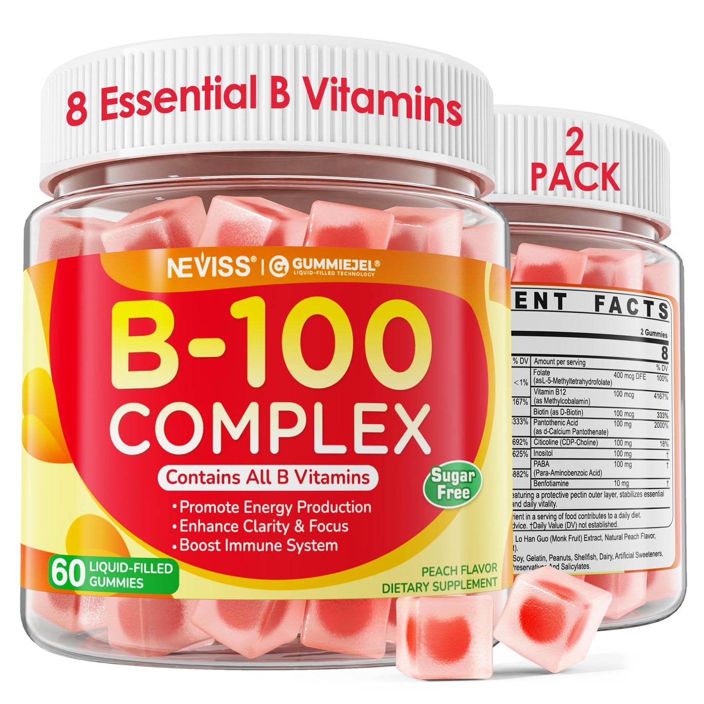 Super Vitamin B Complex Gummies - Methylated B Complex for Women & Men, All B Vitamins, Methyl B12, Methylfolate, Vitamin C, Choline, Inositol, PABA for Energy, Brain & Immune, 0g Sugar, Vegan, 60 Cts