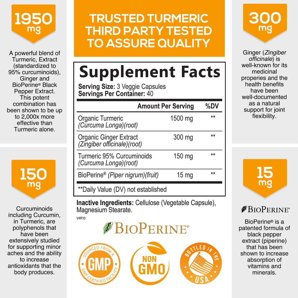 Turmeric Curcumin with BioPerine & Ginger 95% Standardized Curcuminoids 1950mg