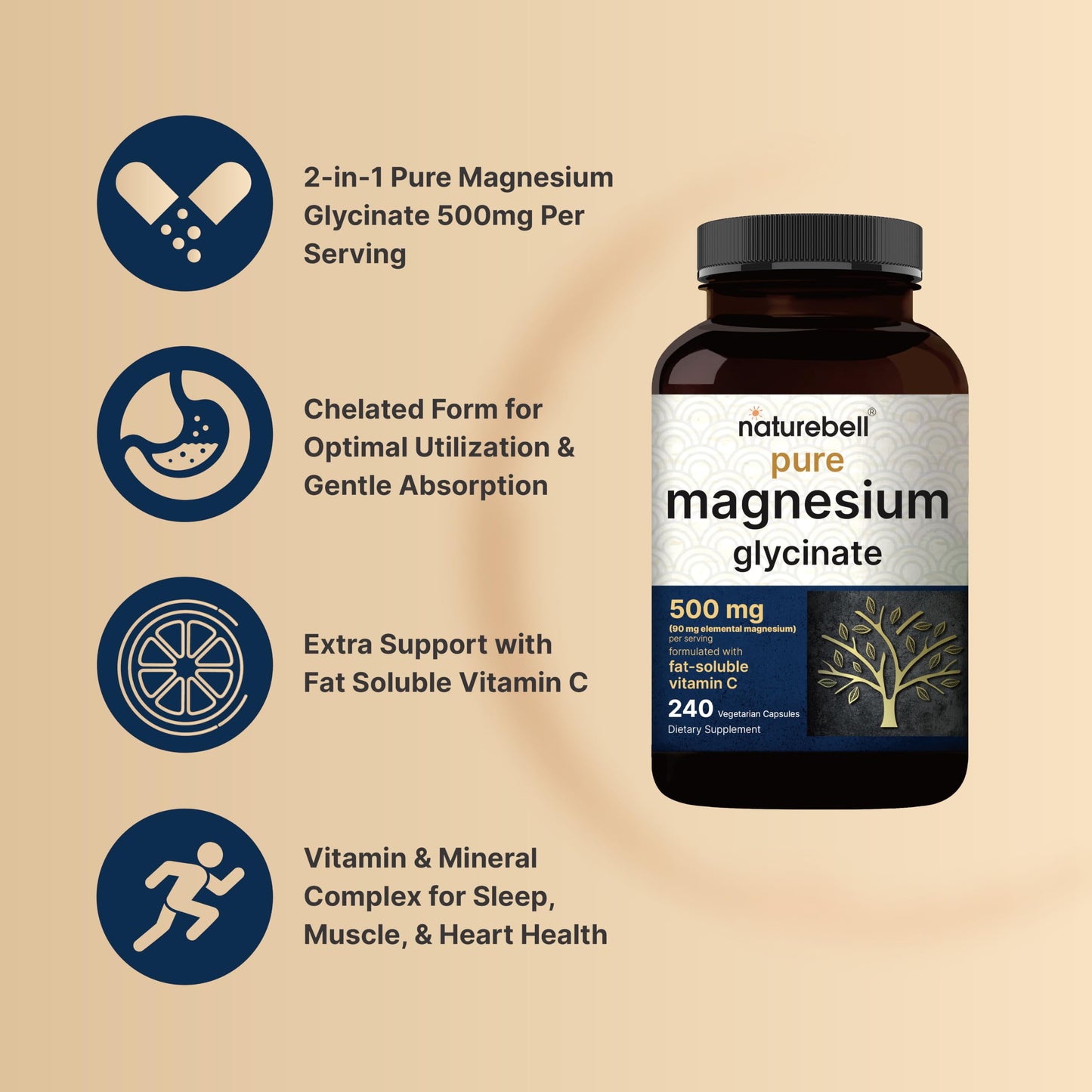 Naturebell Pure Magnesium Glycinate 500mg, 240 Veggie Capsules | 100% Chelated & Purified – 3rd Party Tested, Vegan Friendly, Non-GMO, Filler Free