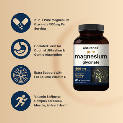 Naturebell Pure Magnesium Glycinate 500mg, 240 Veggie Capsules | 100% Chelated & Purified – 3rd Party Tested, Vegan Friendly, Non-GMO, Filler Free