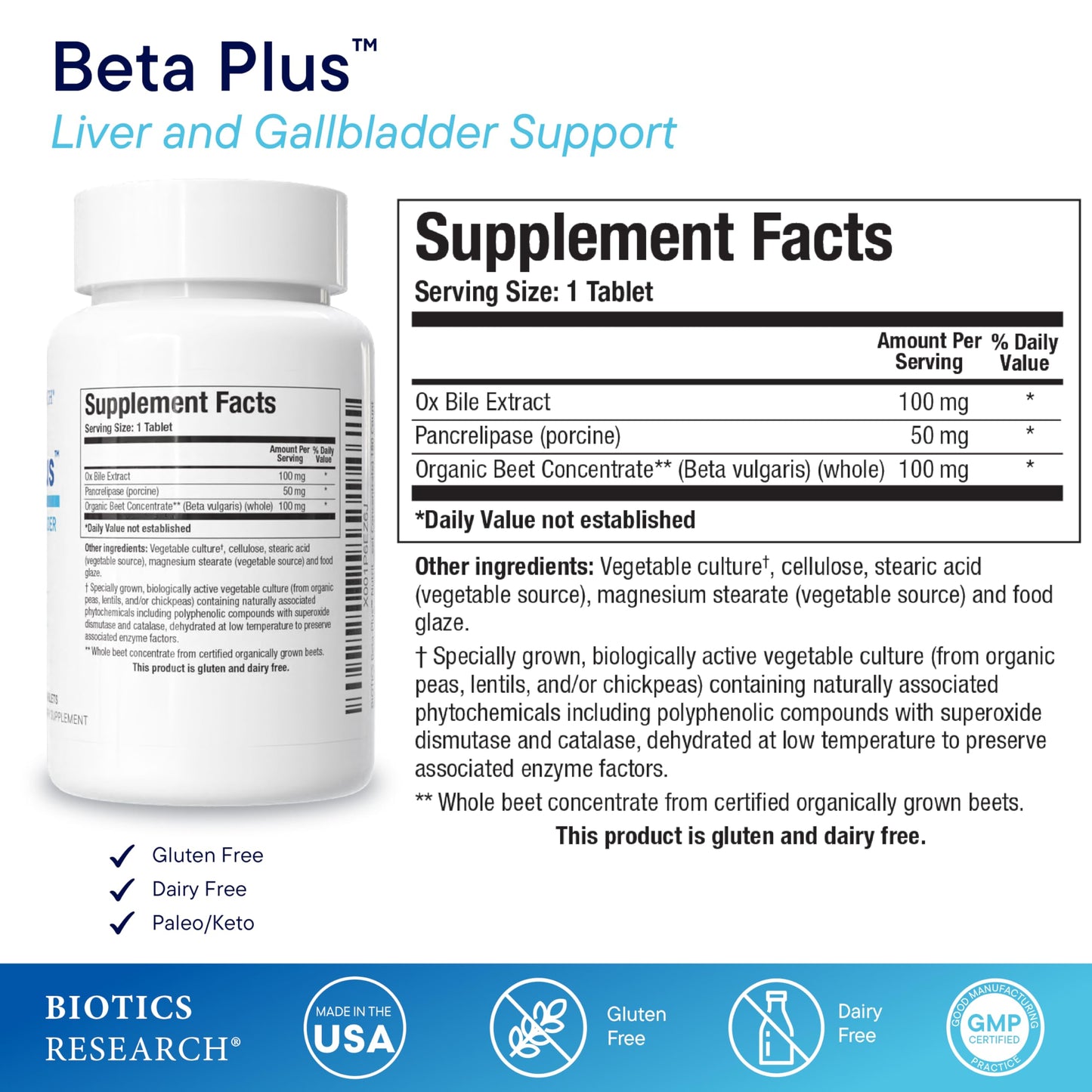 Biotics Research Beta-Plus™ Nutritional Ox Bile Salts Digestive Enzymes Supplement for Bile Production for No Gallbladder-Supports Overall Liver Function, Aids Fat Digestion, Supplies Betaine 90 Tabs