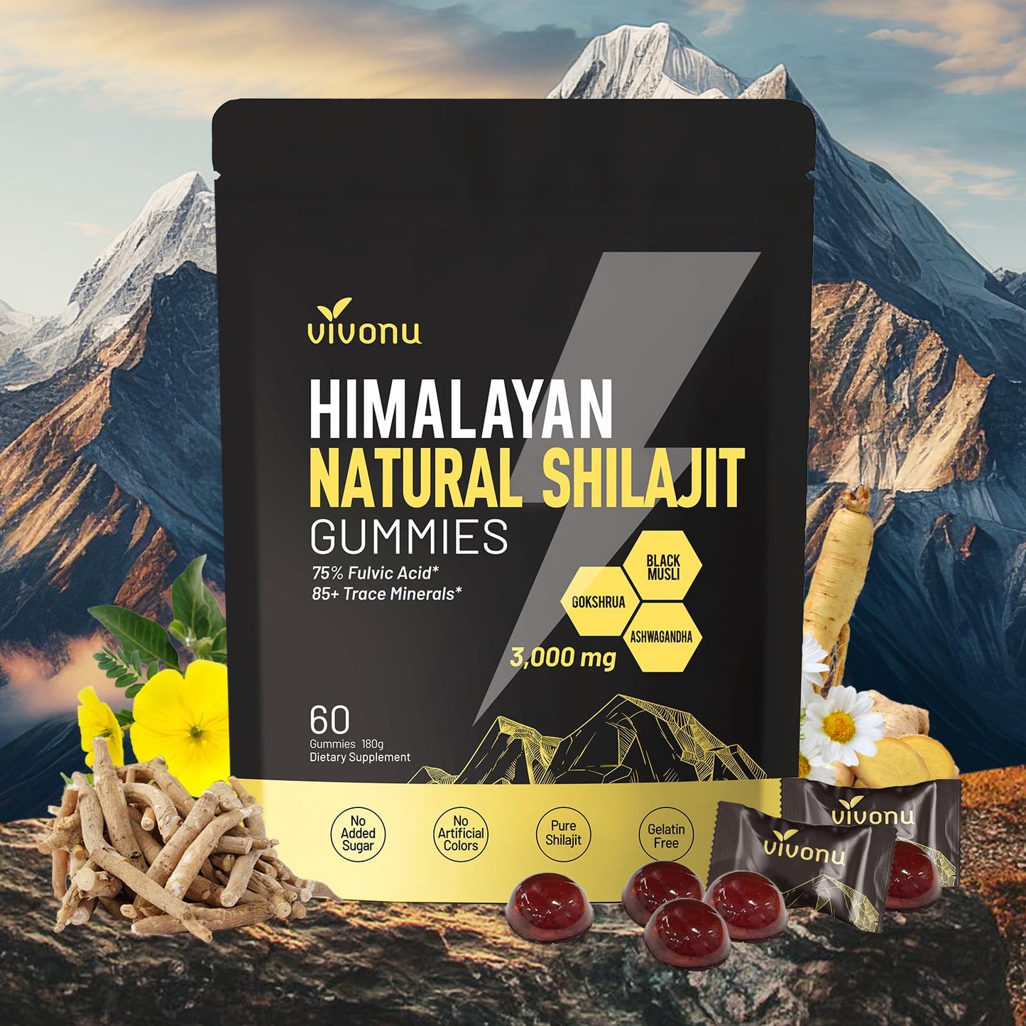 VivoNu Shilajit* Gummies,Pure Himalayan* micronutrient Supplement, Himalayan Premium Ingredient with Shilajit, Ashwagandha, Gokshura, Fulvic Acid & 85+ Trace Minerals I for Men & Women (4000MG/1 Bag)