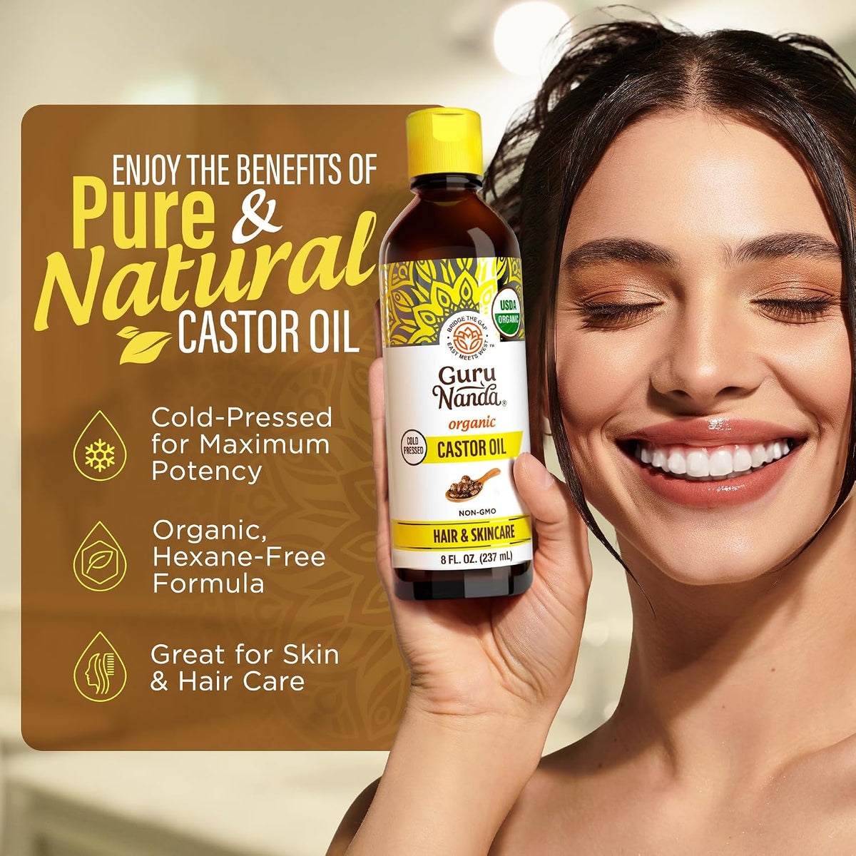 GuruNanda Castor Oil USDA Certified Organic, Pure & Natural, 8 fl oz