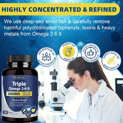 Triple Omega 3-6-9 Fish Oil 2000mg with Vitamin E - EPA & DHA Fatty Acids Supplement - Supports Heart, Brain, Eye, Joint, Skin & Immune Health - Includes Flaxseed & Borage, Non-GMO, 120 Softgels