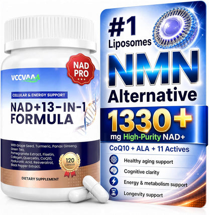 Liposomal NAD Supplement 500mg - NMN Supplement Alternative - 13-in-1 Energy & Anti-Aging Complex with Resveratrol, CoQ10 & Collagen - 120 Capsules