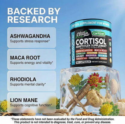 Clean Nutra Cortisol Supplements For Women | Maca Root Ashwagandha Cortisol Detox Manager Reducer + Slippery Elm Fenugreek Lions Mane Shilajit Rhodiola Sea Moss Tongkat Ali Cordyceps Ginseng Beet Root