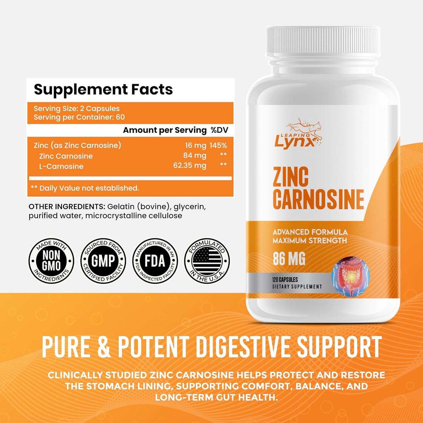 Zinc Carnosine 86 mg – Clinically Studied Zinc + L-Carnosine Complex for Gut Lining & Stomach Support | 120 Capsules (60-Day Supply) | Digestive Comfort, Mucosal Repair & Balance | Non-GMO