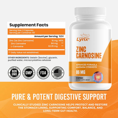 Zinc Carnosine 86 mg – Clinically Studied Zinc + L-Carnosine Complex for Gut Lining & Stomach Support | 120 Capsules (60-Day Supply) | Digestive Comfort, Mucosal Repair & Balance | Non-GMO