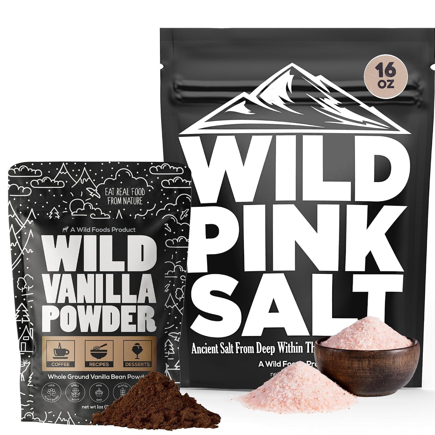 Wild Foods Pink Himalayan Salt (16oz) and Vanilla Bean Powder (1oz) Bundle for Cooking and Baking