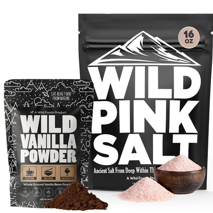 Wild Foods Pink Himalayan Salt (16oz) and Vanilla Bean Powder (1oz) Bundle for Cooking and Baking