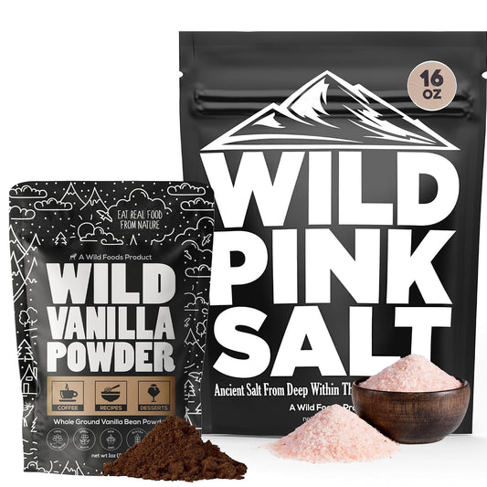 Wild Foods Pink Himalayan Salt (16oz) and Vanilla Bean Powder (1oz) Bundle for Cooking and Baking