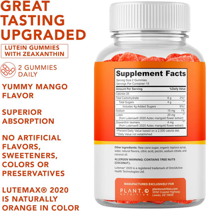 PLANT.O NUTRITION Lutein & Zeaxanthin Gummies - Delicious Vegan Eye Health Vitamins Clinically Studied 20mg Lutein and Zeaxanthin for Vision Clarity Dry Eye Relief and Blue Light Support