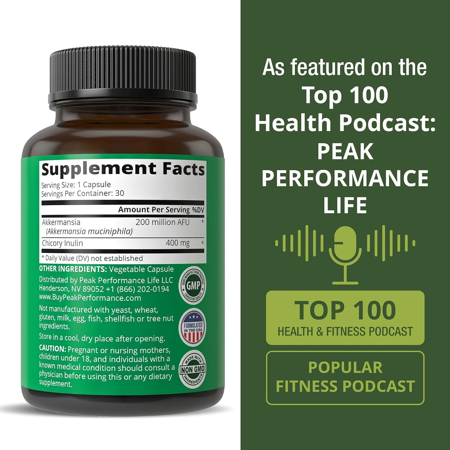Peak Performance Akkermansia Probiotic to Increase GLP-1 Production - Ultra High Strength Akkermansia Muciniphila Live Strain with Prebiotic Fiber for Gut Health - Delayed Release, 3rd Party Tested