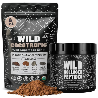 Cocotropic Organic Mushroom Cacao Mix (8oz) & Collagen Peptides (16oz) Bundle for Skin, Hair, and Joint Support