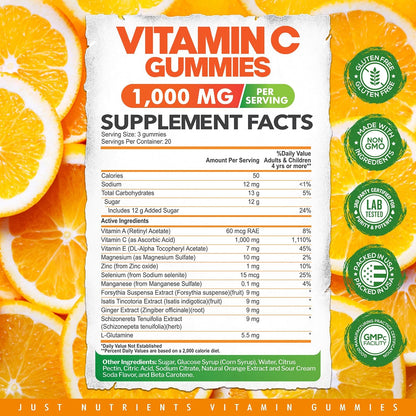 Vitamin C 1000mg Gummies – Chewable Multivitamin for Adults & Kids | Maximum Strength Immune Support with Vitamins A & E, Zinc, Magnesium & More – Natural Orange Flavor – Gluten Free, Non-GMO