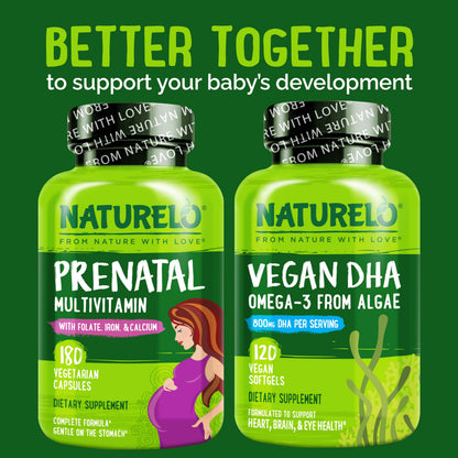 NATURELO Prenatal Multivitamin with Gentle Chelated Iron, Methyl Folate, Plant Calcium & Choline - Vegan, Vegetarian - Non-GMO - Gluten Free - 180 Capsules - 2 Month Supply