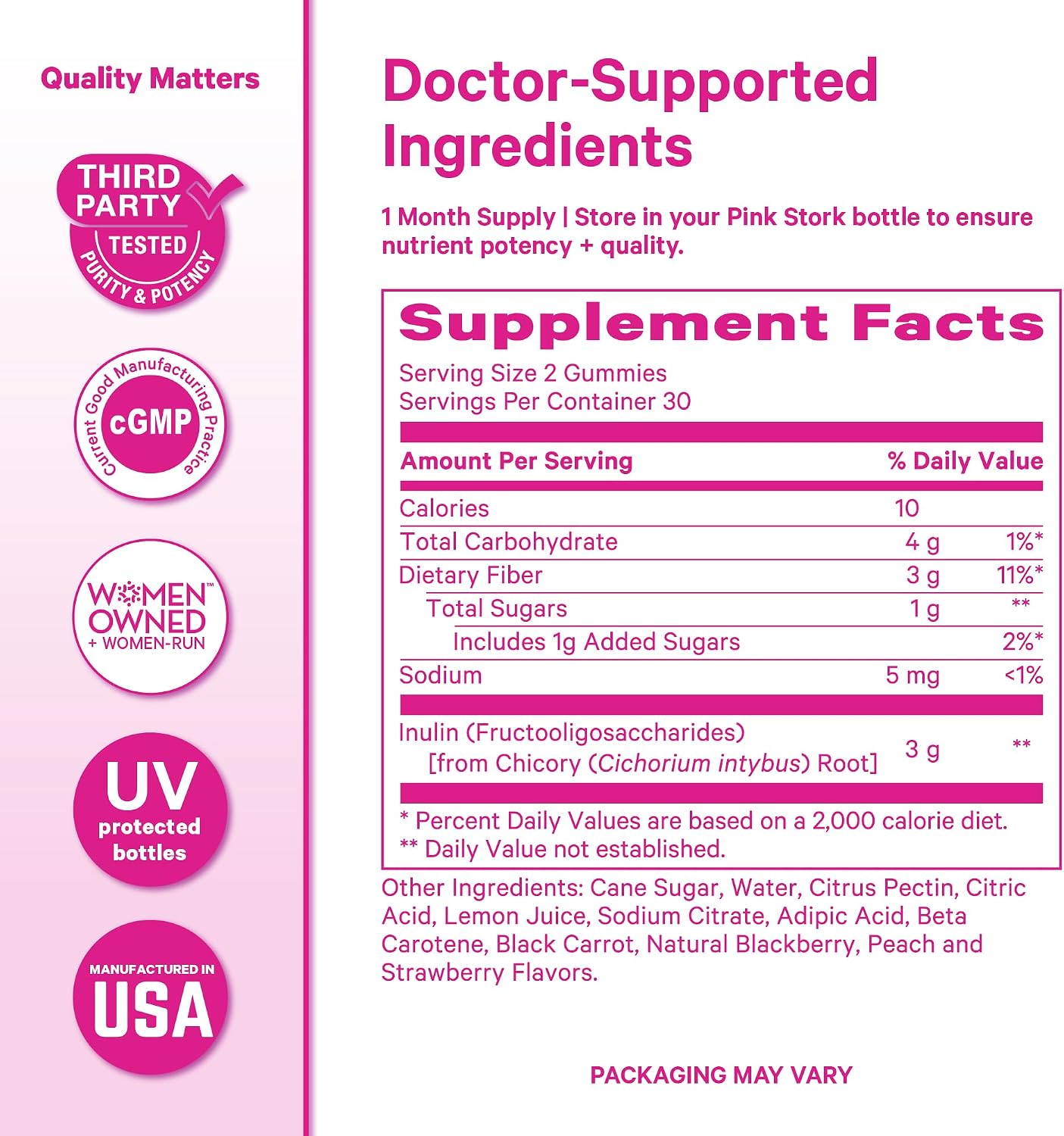 Pink Stork Prenatal Fiber Gummies for Women - 3g Prebiotic Inulin from Chicory Root - Natural Pregnancy & Postpartum Stool Softeners for Constipation & Digestive Health - 60 Vegan Fiber Chews