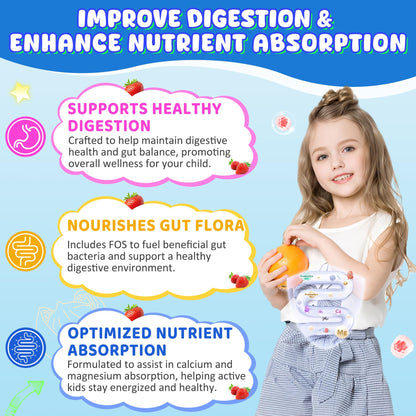 Kids Calcium Gummies + D3 & Magnesium for 4+, with Calcium Citrate Calcium Gluconate, Calcium Lactate, Probiotics & Prebiotics for Children Bone Health,Muscle Support,Digestive Health,Sugar Free 60Cts
