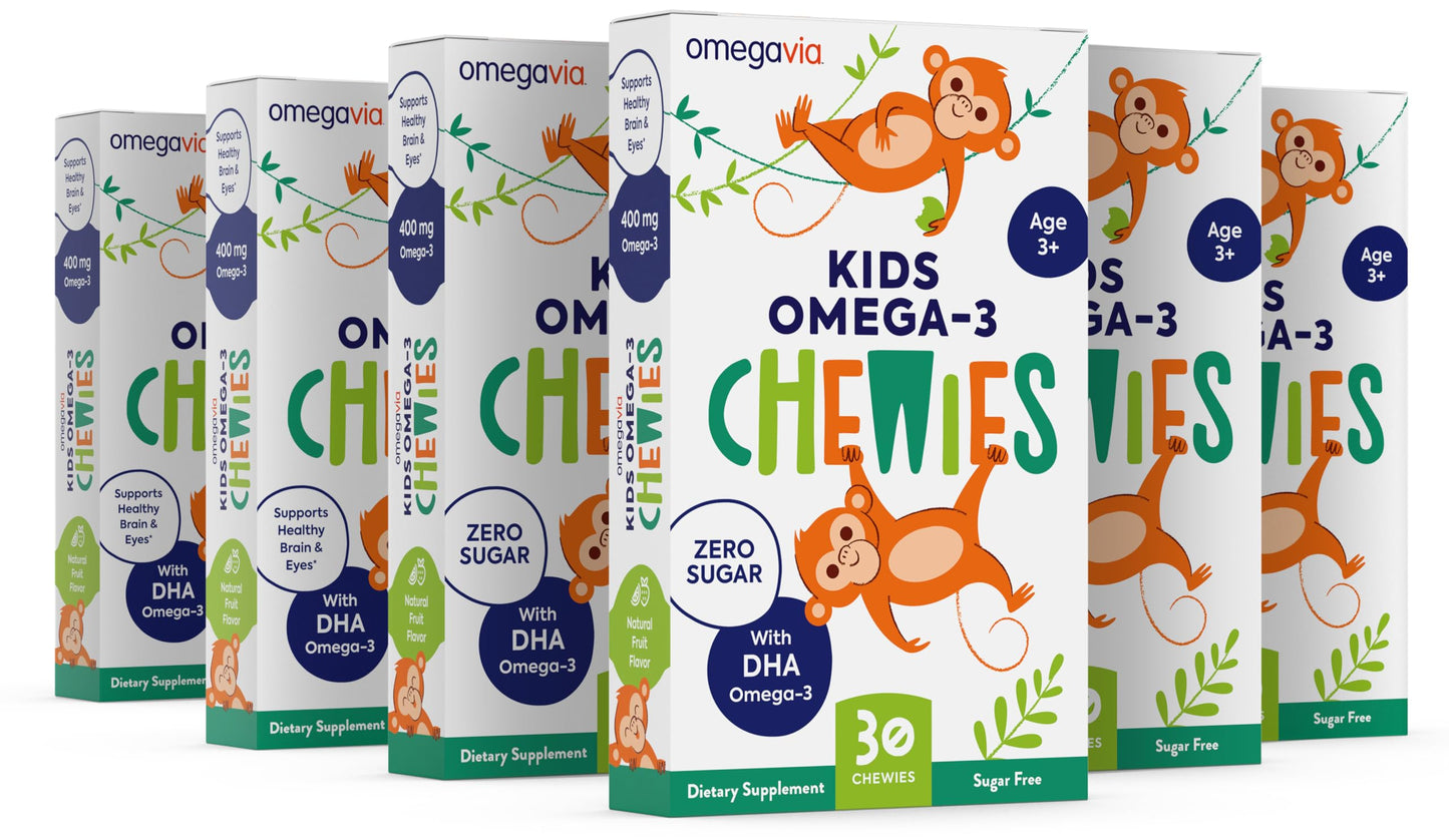 OmegaVia Omega 3 Chewies, Daily DHA Chewable Vitamins for Kids, Omega 3 for Ages 3-12 to Support Brain & Eye Health, Sugar-Free Natural Fruit Flavor, Omega 3 Fish Oil, 30 Individual Packets