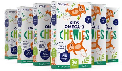 OmegaVia Omega 3 Chewies, Daily DHA Chewable Vitamins for Kids, Omega 3 for Ages 3-12 to Support Brain & Eye Health, Sugar-Free Natural Fruit Flavor, Omega 3 Fish Oil, 30 Individual Packets