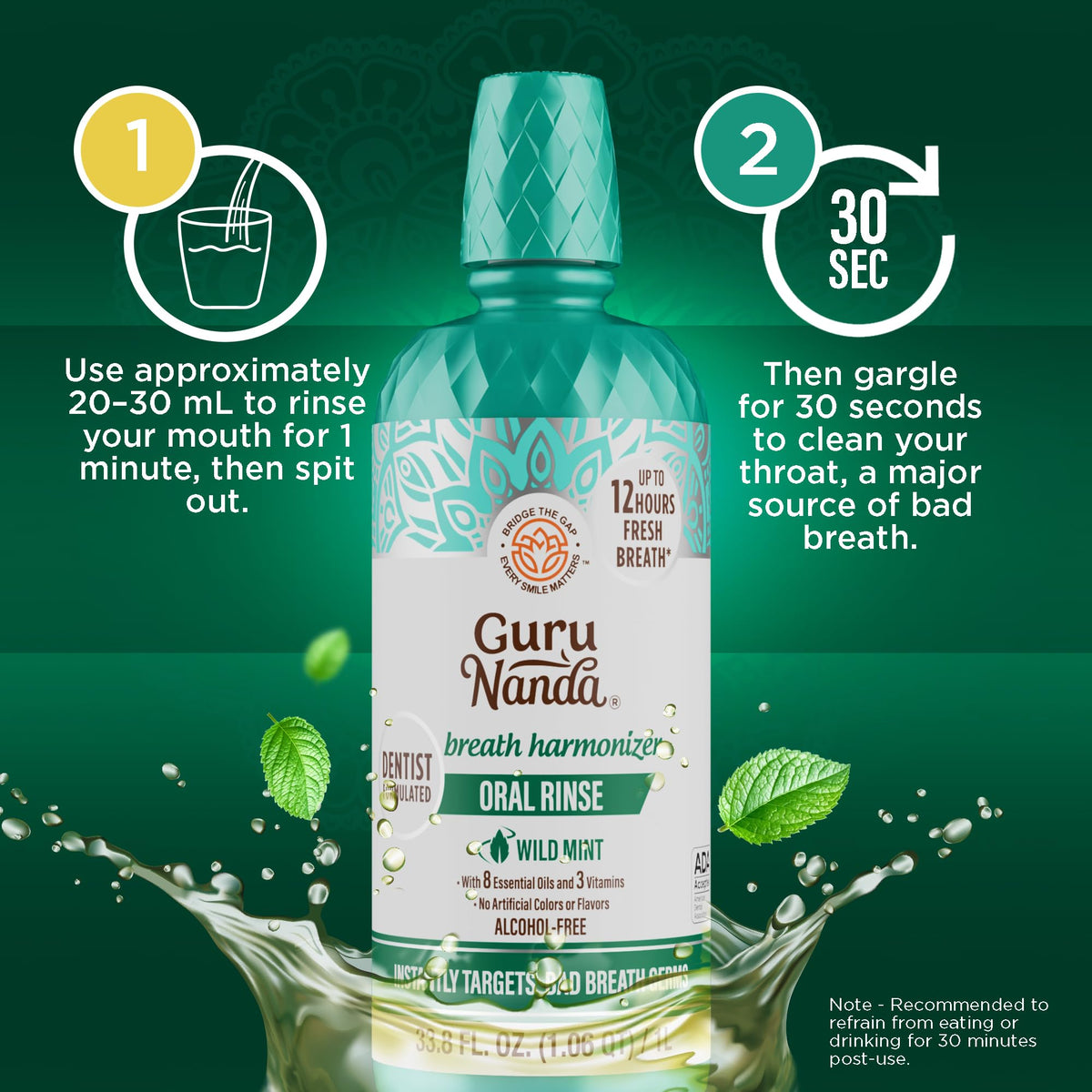 GuruNanda Fresh Breath Mouthwash – 12-Hour Fresh Breath & Helps Fight Bad Breath – ADA Accepted, Alcohol & Fluoride-Free Oral Rinse, Wild Mint - 16 oz, Pack of 2