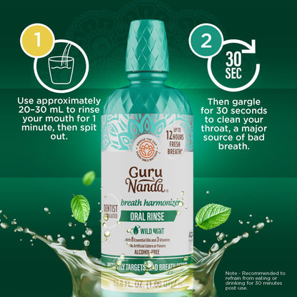 GuruNanda Fresh Breath Mouthwash – 12-Hour Fresh Breath & Helps Fight Bad Breath – ADA Accepted, Alcohol & Fluoride-Free Oral Rinse, Wild Mint - 16 oz, Pack of 2