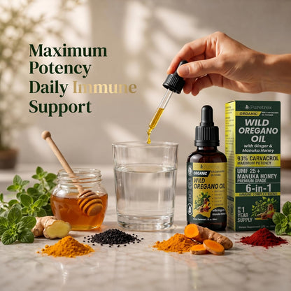 Organic Oil of Oregano Drops with Black Seed Oil, Wild Herbal Extract 93% Carvacrol, Liquid Tincture with Ginger & Manuka Honey UMF 25+, High Potency Botanical Blend, 60ml
