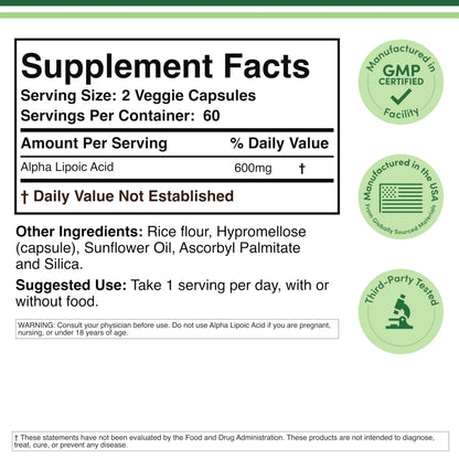Alpha Lipoic Acid 600mg per Serving, 60 Capsules (Third Party Tested, Non-GMO, Gluten Free, Vegan Safe) Cellular Energy Support (ALA Supplement) by Double Wood