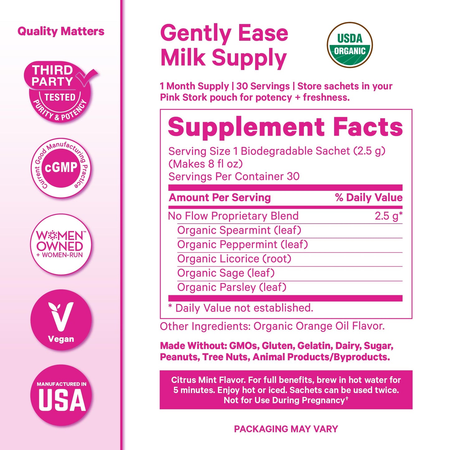 Pink Stork No Flow Organic Sage Tea, Floral Mint Flavor, 15 Sachets | Dry Up Breast Milk Supply, Ease Milk Production, Wean Lactation Naturally, Hot or Iced, Postpartum Essentials