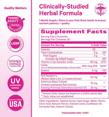 Pink Stork Hormone Balance Gummies for Women, 60 Vegan Gummies | PMS, Menopause & Perimenopause Support, Mood, Digestion, Temperature Comfort + Energy, Red Raspberry Leaf, Black Cohosh